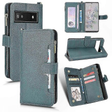 (Green) Magnetic Flip Case with Card Slots and Strap for Pixel 6a, PU Leather Handbag Style Cover