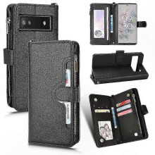 (Black) Magnetic Flip Case with Card Slots and Strap for Pixel 6a, PU Leather Handbag Style Cover