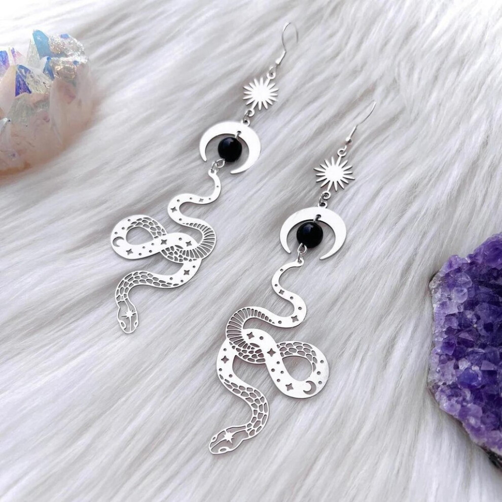 Moon Snake Silver Earrings With Black Jade Crystal For Fashion Women And Men-image-OPC-PWPDGMK-NEW