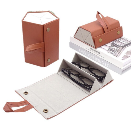 (Brown 3Grid)Hanrafted Leather Glassecase With Multiple Slots And Soft Inner Storage Daily 2