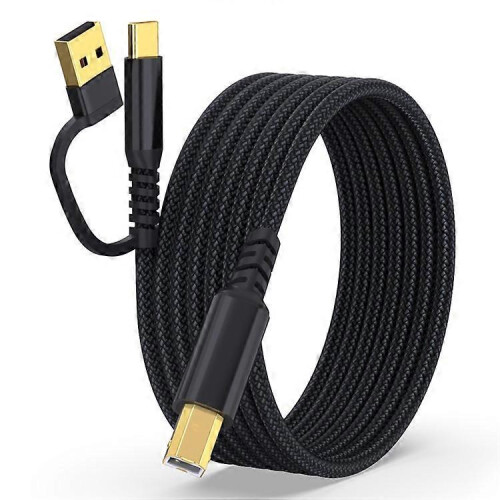 (Black) 3m USB / Type-C to Square USB Type-B 2 in 1 Printer Cable Braided Printing Connection Cord