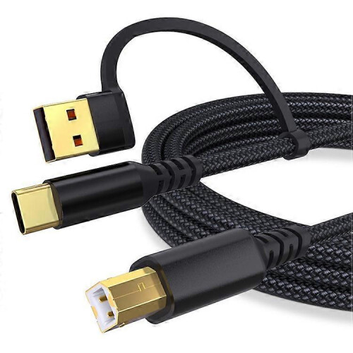 (Black) 3m USB / Type-C to Square USB Type-B 2 in 1 Printer Cable Braided Printing Connection Cord 1