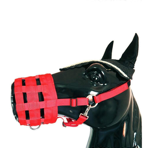 (Red) Size M Horse Muzzle Thick Webbing Breathable Equine Grazing Muzzle Padded Anti-Bite Mask