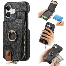 (Black) Y3 Compatible For iPhone 16 Case Card Holder Kickstand Leather+TPU Phone Cover with Zipper Pocket