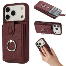 (WineRed) Compatible For iPhone 17 Pro Case with Ring Kickstand Drawing Type Card Slots Leather Back Cover