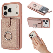 (PinkGold) Compatible For iPhone 17 Pro Case with Ring Kickstand Drawing Type Card Slots Leather Back Cover