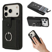 (Black) Compatible For iPhone 17 Pro Case with Ring Kickstand Drawing Type Card Slots Leather Back Cover
