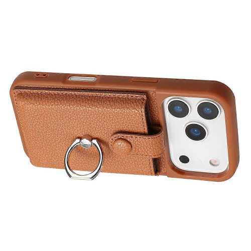 (Brown) Compatible For iPhone 17 Pro Case with Ring Kickstand Drawing Type Card Slots Leather Back Cover 2