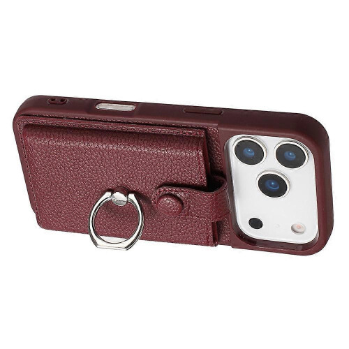 (WineRed) Compatible For iPhone 17 Pro Case with Ring Kickstand Drawing Type Card Slots Leather Back Cover 2