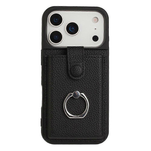 (Black) Compatible For iPhone 17 Pro Case with Ring Kickstand Drawing Type Card Slots Leather Back Cover 1