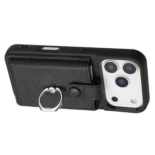 (Black) Compatible For iPhone 17 Pro Case with Ring Kickstand Drawing Type Card Slots Leather Back Cover 2