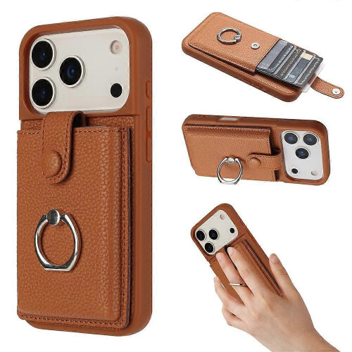 (Brown) Compatible For iPhone 17 Pro Case with Ring Kickstand Drawing Type Card Slots Leather Back Cover