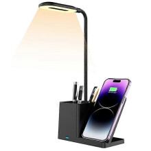 (Black) HT-330 3-in-1 15W Phone Holder Wireless Charger Pen Holder Gooseneck LED Table Lamp