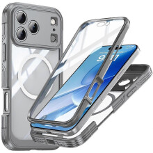 (Grey) Compatible For iPhone 17 Pro Max Case Compatible with MagSafe PC + TPU Phone Cover with Tempered Glass Screen Film