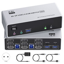 -Kompatibler KVM- 3 Monitore 2 Computer 8K@30Hz 4K@120Hz, Triple Monitor KVM- EU-Stecker