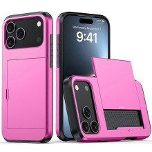 (Pink) Compatible For iPhone 17 Pro Case with Card Holder TPU + PC Phone Back Cover