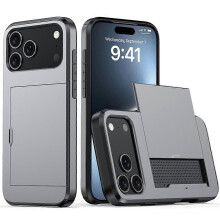 (Grey) Compatible For iPhone 17 Pro Case with Card Holder TPU + PC Phone Back Cover