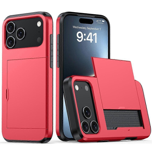 (Red) Compatible For iPhone 17 Pro Case with Card Holder TPU + PC Phone Back Cover