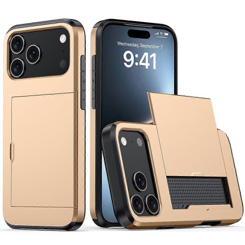 (Gold) Compatible For iPhone 17 Pro Case with Card Holder TPU + PC Phone Back Cover