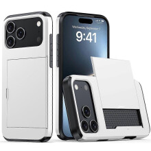 (White) Compatible For iPhone 17 Pro Case with Card Holder TPU + PC Phone Back Cover