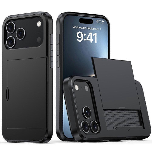 (Black) Compatible For iPhone 17 Pro Case with Card Holder TPU + PC Phone Back Cover