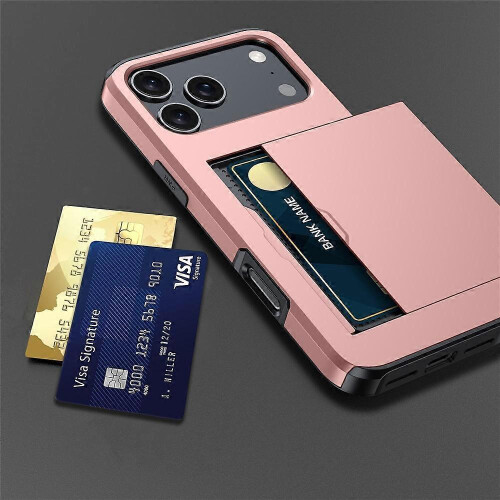 (Pink) Compatible For iPhone 17 Pro Case with Card Holder TPU + PC Phone Back Cover 2