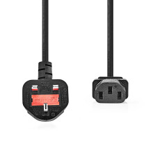 Câble d'alimentation | Fiche UK mâle | IEC-320-C13 | coudé | droit | nickelé | 2.00 m | rond | PVC | noir | étiquette