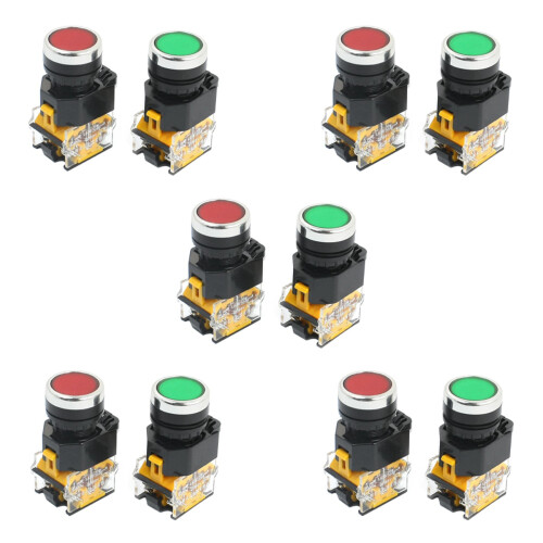 10Pcs 22mm Mount 10A 380V DPST Red Green Momentary Push Button