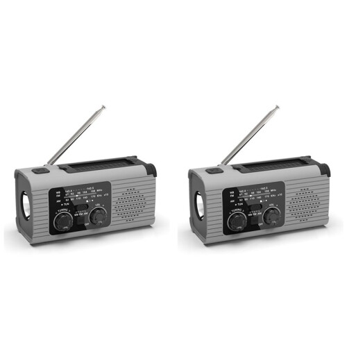 2X Notfallradio Kurbelradio Multifunktions-AM/FM/NOAA Solar-Kurbel-Notfallradio SOS-Alarm 4000mAh Grau