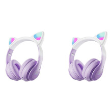 2X Cute Cat Gradient Wireless Headsets LED Light Headphones with Mic
