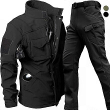 (S, black) Men's Winter Biker Suit - Windproof, Waterproof, Warm Fleece Jacket and Pants Set Soft Shell Uniform for Cold Weather Riding