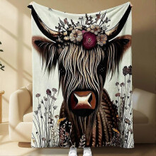 Boho Highland Cow Throw Blanket with Flower Crown, Rustic Farmhouse Style, Soft & Warm Fleece Material, Perfect for Home Decoration