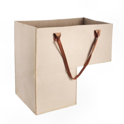 (Beige) L-Shape Felt Stair Basket with Leather Handles, Large Capacity Step Bin