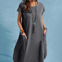 (M, dark grey) ZANZEA Women O-neck Short Sleeve Dress Solid Color Loose Summer Casual Short Dress