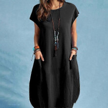 (2XL, black) ZANZEA Women O-neck Short Sleeve Dress Solid Color Loose Summer Casual Short Dress