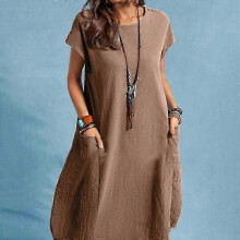 (M, khaki) ZANZEA Women O-neck Short Sleeve Dress Solid Color Loose Summer Casual Short Dress