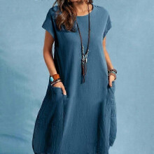 (S, blue) ZANZEA Women O-neck Short Sleeve Dress Solid Color Loose Summer Casual Short Dress