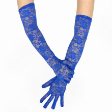 (Blue) Red Lace Fingerless Gloves for Women - Short Sleeve, Tulle Handwear for Bridal and Performance Use