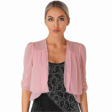 (S, pink) Elegant Women's Short Sleeve Chiffon Bolero Jacket for Formal Outfits