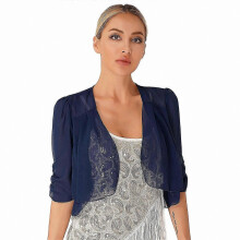 (S, navy blue) Elegant Women's Short Sleeve Chiffon Bolero Jacket for Formal Outfits