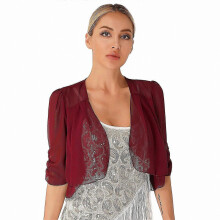 (S, burgundy) Elegant Women's Short Sleeve Chiffon Bolero Jacket for Formal Outfits