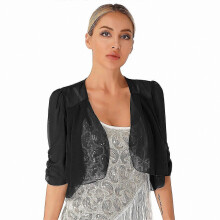 (XL, black) Elegant Women's Short Sleeve Chiffon Bolero Jacket for Formal Outfits