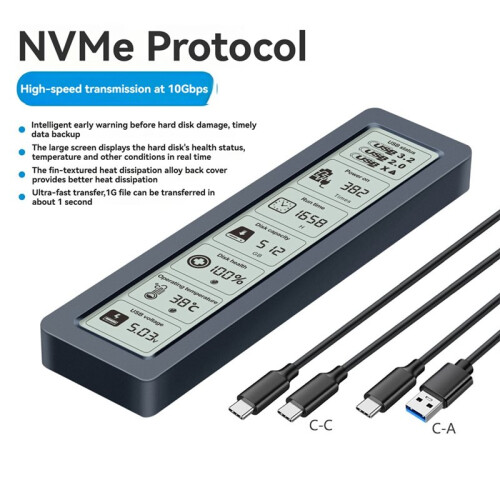 M.2 SSD Case NVME SSD Enclosure 10Gbps M.2 to USB 3.2 Gen 2 Type C Intelligent Digital Display External SSD Box Case 1