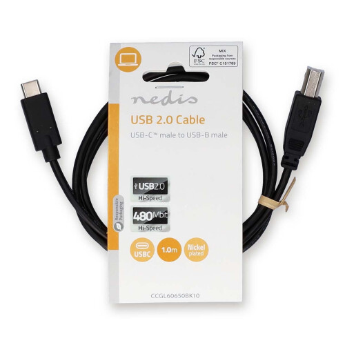 USB kabel | USB 2.0 | USB-C samec | USB-B samec | 480 Mbps | Poniklovaný | 1,00 m | Kulatý | PVC | Černá | Označení 2