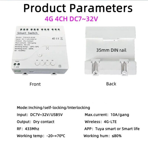 Tuya   4G LTE Relay with RF 433Mhz  GSM  APP Wireless Control 4G 4CH Remove Controller  7-32V 2