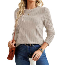 (S, aprict) Women's round neck long-sleeved knit top Burgundy XL