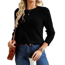 (L, Black) Women's round neck long-sleeved knit top Burgundy XL