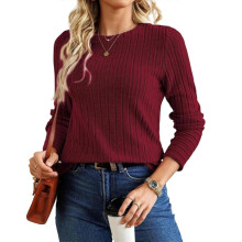 (XL, Burgundy) Women's round neck long-sleeved knit top Burgundy XL