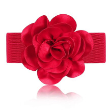 (Red) Flower Decorative Belt Flower Elastic Belt Flower Waist Belt For Dress Wide Dress Waistband Wide Belt Girdle Stretchy Red