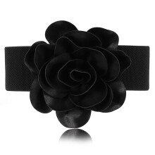 (Black) Flower Decorative Belt Flower Elastic Belt Flower Waist Belt For Dress Wide Dress Waistband Wide Belt Girdle Stretchy Red